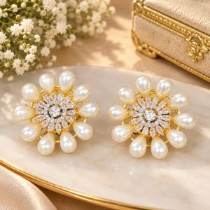 Home elegant pearl and crystal gold tone floral earrings