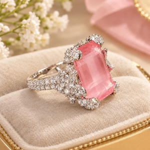 elegant rose pink crystal silver ring