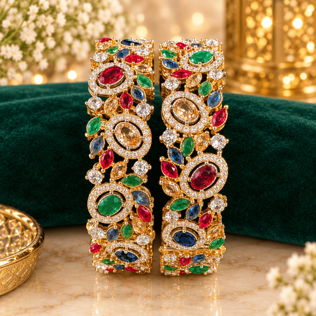 ornate gemstone bangles in emerald velvet ornate gemstone bangles in emerald velvet