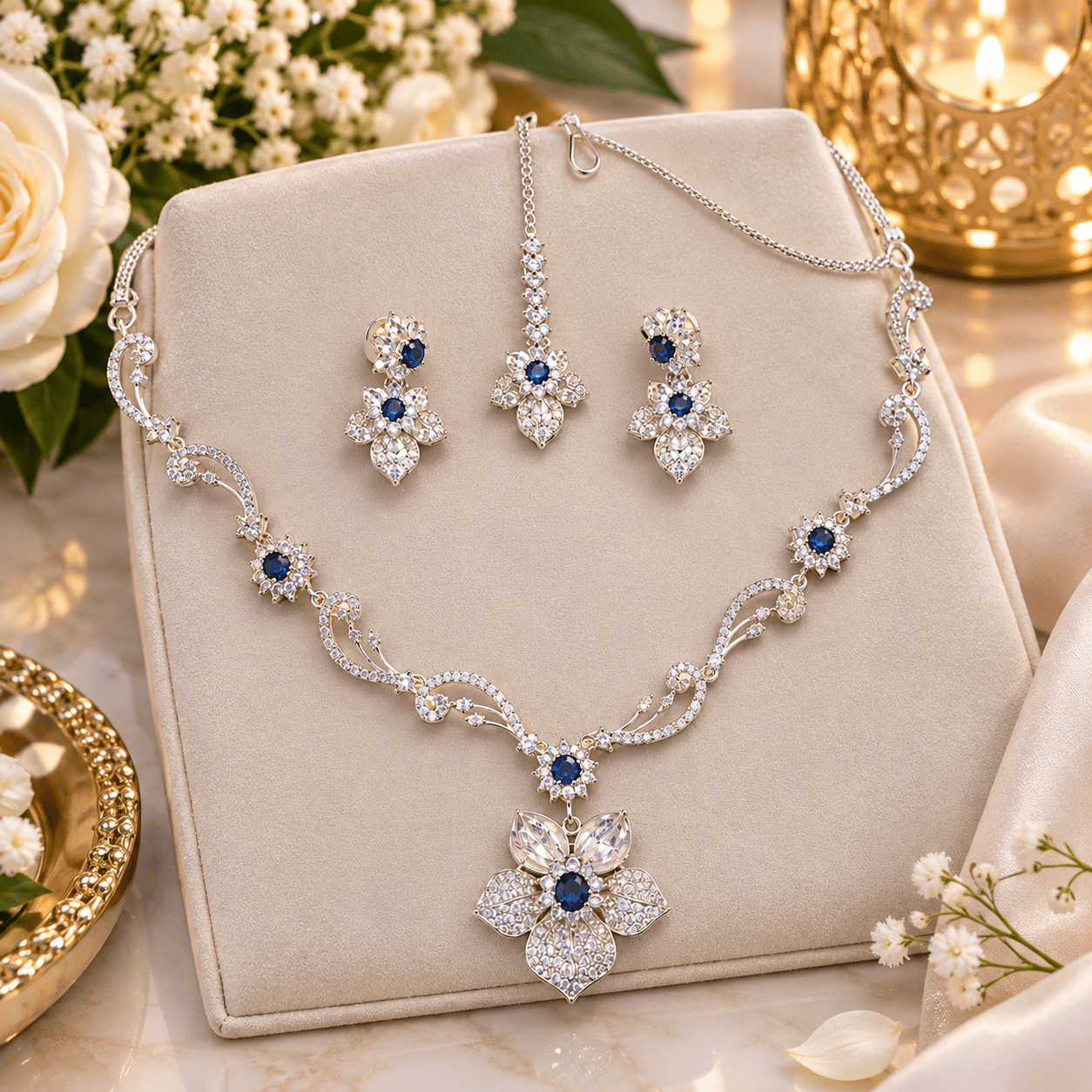 About royal sapphire floral necklace & earring set